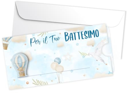Biglietti di Auguri per Battesimo, Design Mongolfiera Celeste, con Busta e Spazio per Messaggio