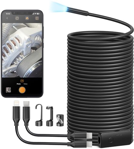 Anykit Endoscope Camera with Light, 1920P HD Borescope with 8 Adjustable LED Lights, Semi-Rigid Snake Camera with Light, IP67 Waterproof Inspection Cam for iPhone & Android, 50 ft Single Lens