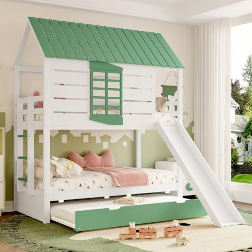 YuQozii 90x200 Etagenbett mit Rutsche und Ausziehbett, Kinderbett, Doppelbett, Weiß + Grün