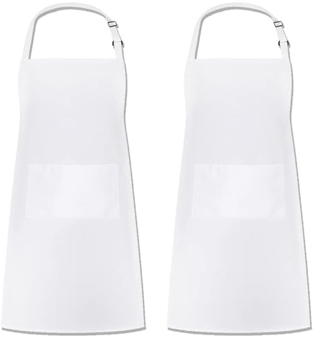 JcvPot Kochschürze Damen Und Herren, 2 Stück Weiße Küchenschürze Aus Polyester, Praktische Kochschürze Mit Taschen Für Kochen, Backen, Malen Und Gartenarbeit, Größe 65 X 80 Cm