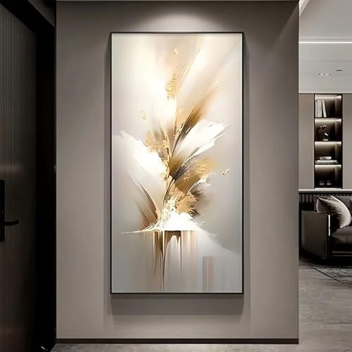 Impresiones en lienzo, pintura de lujo en blanco y dorado, obra de arte vertical para el hogar, la oficina, la sala de estar, el dormitorio, la decoración del pasillo (40 x 80 cm)