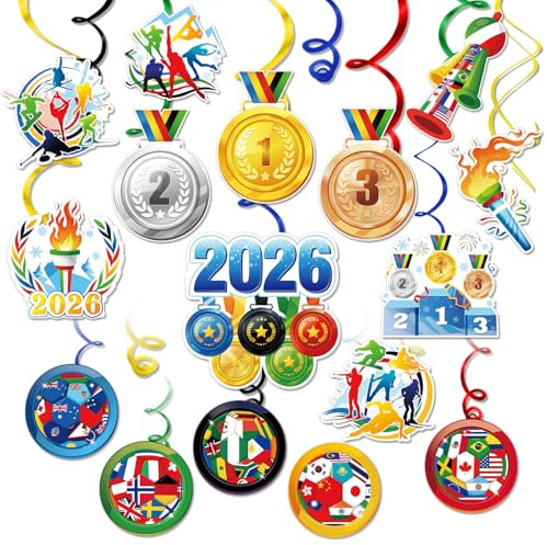DPKOW 30pcs 2026 Deportes Invierno Decoraciones Colgando Remolinos, Invierno Deportes Adornos de Espirales de Medalla Antorcha Países Banderas Serpentinas de Deportiva Nieve Hielo