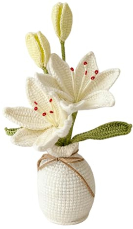 Magicherry Bouquet di giglio lavorato a maglia all'uncinetto con vaso, 24 cm, lavorato a maglia, fiore intrecciato a mano con squisito vaso per donne, regalo di compleanno, decorazione per casa