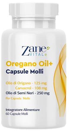 Zane Oregano Oil+ Capsule molli di olio di origano e olio di cumino nero – con carvacrolo e timochinone – Integratore alimentare. - Non OGM, senza glutine – 60 capsule molli di Zane Vital.