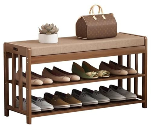 Felenny Shoe Bench with Cushion, 3-Tier Storage Bench with Padded Seat, Shoe Rack with Seat for Entryway Bedroom Living Room Hallway