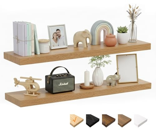 RICHER HOUSE Eiche Wandregale,120 x 23,5 x 3,8cm Wandboard MDF Holz,2er-Set | Holzregal Wand mit unsichtbaren Halterungen, Schweberegal für Schlafzimmer, Wohnzimmer, Badezimmer, Küche, Waschküche, Büro