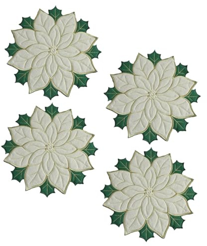 LALADEFIEE 4 Tovagliette Natalizie Poinsettia Motivo Ricamato Sottopiatti Isolanti Antiscivolo in Lino Grigio Argento da 40 CM Protezione Termica per Tavola delle Feste Adatte per Sala da
