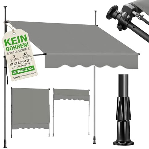 Sekey Klemmmarkise 300 cm breit, Markise Balkon ohne Bohren mit Handkurbel, 130 cm Ausfall, 0-90° neigbar, UV-beständiger Sonnenschutz & wasserdicht (280g/m²), für Balkon, Terrasse & Garten, Grau