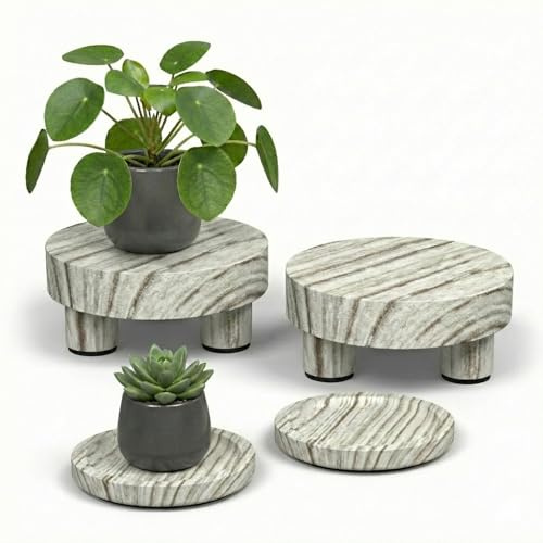 Perimvo Paulownia Wood Flower Stool Set - 2 x Plant Stools Diameter 12.7 cm + 2 x Flower Pot Saucer Diameter 10 cm + 6 Felt Glides - Natural