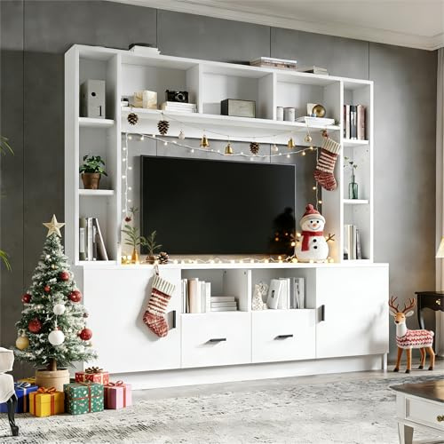 QSOST Meuble TV Mural 180 x 35 x 170 cm avec vitrine, Mur multimédia avec Plateau TV et étagère, Ensemble de Meubles de Salon TV avec 2 armoires, 2 tiroirs, 11 Compartiments de Rangement