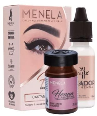 Kit Henna Profesional para Cejas Menela | Henna 2,5 g + Fijador 15 ml | Uso Profesional (Castanho Escuro)