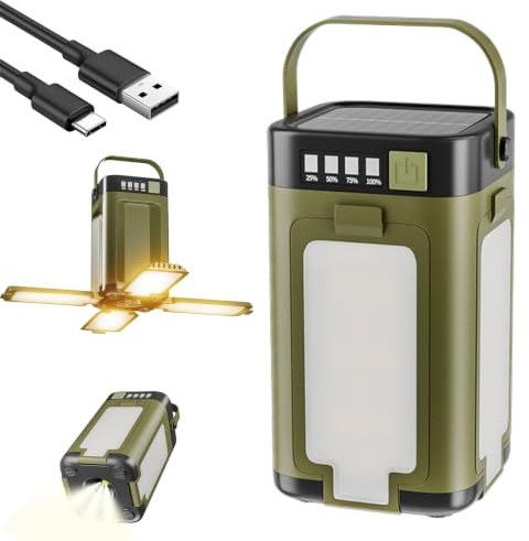 BOFITENG Solar Campinglampe Aufladbar, LED Camping Lampe mit Powerbank und Haken, Solar- & USB-Aufladung, 6 Lichtmodi IPX4 Wasserdicht für Outdoor, Wandern & Notfall
