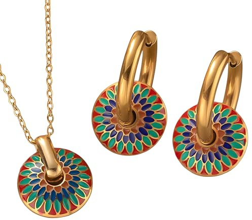 Unified Jewellery Yellow Gold Colour Painted Chrysanthemum Necklace And Hoop Earrings Set For Women, 45cm Chain, 2.5cm x 1.5cm Multicolour Round Mandala Disc Drops, Bohemian Retro Jewellery Set 1725