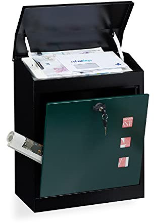 Relaxdays Cassetta Postale da Parete Grande, Acciaio, Lamina Anti-prelievo, Serratura, HxLxP: 53x43,5x26 cm, Nero Verde