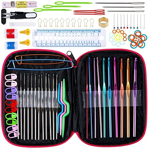 Anpro Set de crochet tricot en Aluminium, 100 Pièces kit crochet, 11 Tailles pour Débutants - Accessoires de Crochet Colorés - Avec Sac de Rangement