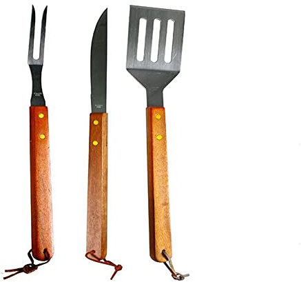 Vetrineinrete® Set 3 utensili per barbecue forchettone paletta e coltello lama 16 cm attrezzi da cucina acciaio manico in legno grill carne 60204 C24
