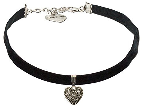 Alpenflüstern Trachten-Samt-Kropfband Trachtenherz - nostalgische Trachtenkette enganliegend, Kropfkette elastisch, Damen-Trachtenschmuck, Samtkropfband schmal schwarz DHK209