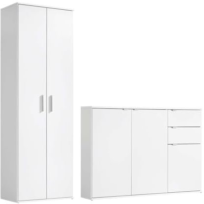 mokebo® Mehrzweckschrank Set 2-teilig 'Die Allzweckwaffe', Schrank-Set mit Mehrzweckschrank & Kommode in Weiß, auch als Moderne Wohnwand, Büromöbel oder Aufbewahrungsset