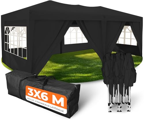 Kronenburg Faltpavillon wasserdicht Pavillon mit 6 Seitenteilen, Gartenzelt, 3x6 m - mit UV Schutz 50+, Schwarz