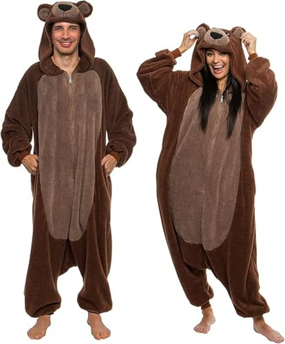 Funziez! Björndräkt, för vuxna, i sherpatyg, mjuk overall i teddytyg, djurdräkt för Halloween eller cosplay, i ett stycke, för både kvinnor och män, Brun björn, XL