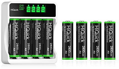 HiQuick 8 x 2800mAh AA NI-MH Rechargeable Batteries with 4-slot AA AAA LCD Battery Charger, Fast Charging Function, Type C and Micro USB Input, Battery and Charger Set