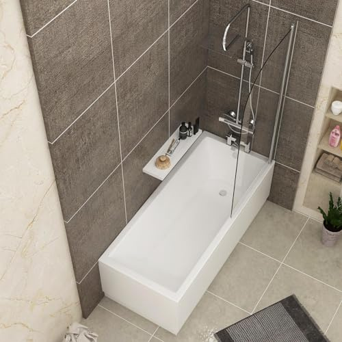 1400 x 700mm Single Ended Bath + Bath Screen Acrylic Bath for Bathroom, Baths Soaking Tubs, White Gloss - Square