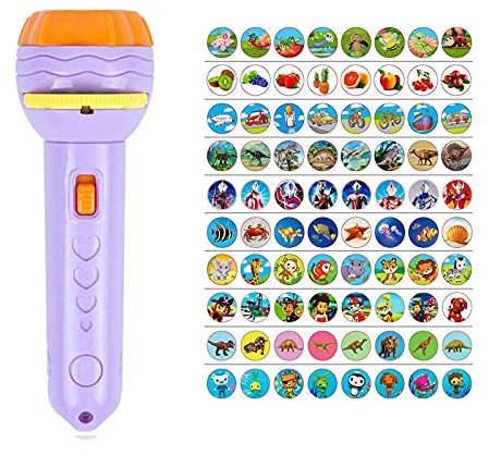 PUTOWUT Projector Torch Slide Flashlight Projection 80 Patterns Light Slide Lamp Toy Educational Learning Bedtime Night Light Story Torches for Kids (Purple)