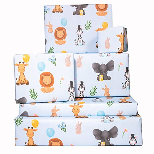 Central 23 - Lindo papel de regalo para niños - Papel de regalo de animales bebés para niños - 6 hojas de papel de regalo divertido para cumpleaños - Azul bebé - Elefante Cebra León Conejito
