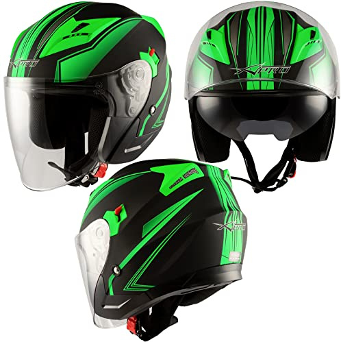 Motorradhelm Jet Doppeltvisier City Zertifikat ECE 22-06 Mattt Schwarz Grün M