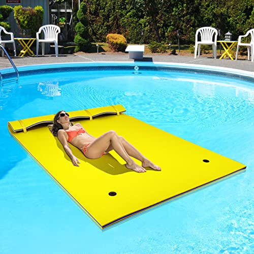 GYMAX 270 x 180 cm Schwimmende Wassermatte für 3-5 Personen, Wasser Hängematte aus XPE-Schaum, aufrollbare Schwimmmatte mit Kopfkissen Design, bis 300 kg belastbar, für Schwimmbecken, Strand, See