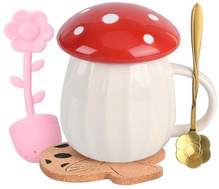 XinHuiGY Tazza di Fungo, Mug di Caffè Carina con Coperchio, Cucchiaio, Tazza di tè di Porcini kawaii, 250 ml Coppa di Funghi per latte, Fortuna Regalo per Donne, Ragazza, Natale, Compleanni (Rosso)