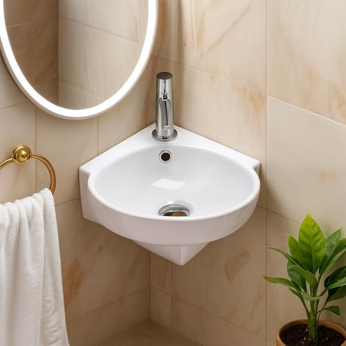 Compact Corner Wall Hung Basin Sink with Single Tap Hole Space-Saving Cloakroom Hand Wash Basin White Ceramic Corner Sink for Small Bathrooms & En-suites 370mm x 395mm