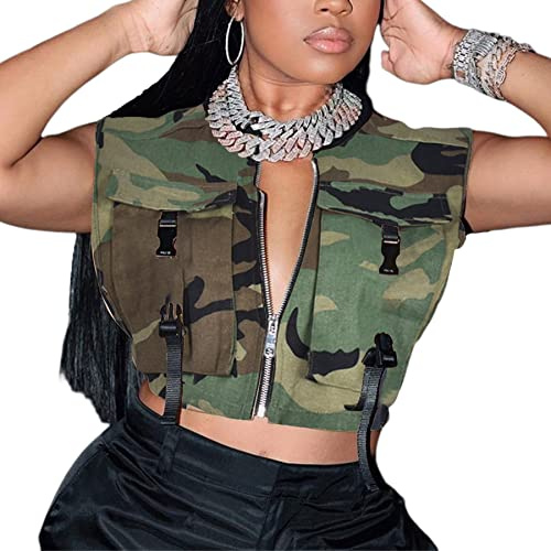 LETSVDO Camouflage Cargo Vest For Women Buckle Camo Safari Army Fatigue Fishing Sport Tactical Sleeveless Crop Tank Top With Pockets