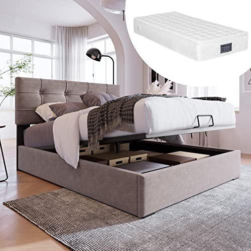Seniorenbett 90X200, Bett mit Matratze Einzelbett Grau Samt Hydraulisch Verstellbares Kopfteil mit Lattenrost aus Metallrahmen mit Stauraum