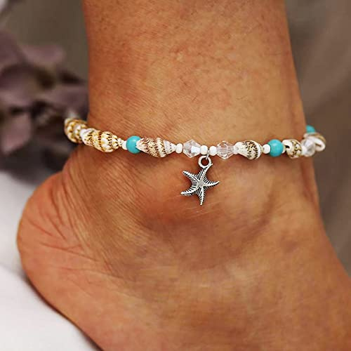 Clataly Conch Halsketten Türkis Knöchel Seestern Anhänger Füße Kette Perlen Halskette Knöchel Strand Zubehör für Frauen Mädchen (Knöchel)
