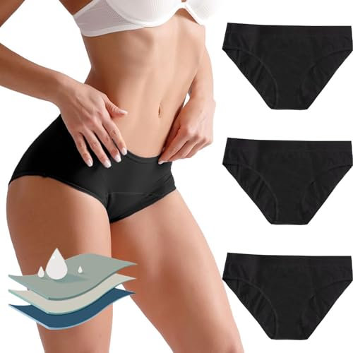 3Pack Mutande Mestruali Donna, Incontinenza Lavabile Costume Mestruale in Cotone Anti Perdite, Mutanda Mestruale Slip Hipster (IT, Testo, XL, Regular, Regular, Black*3, 4 strati a prova di perdite)