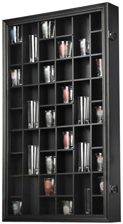 Sboitflmm Shot Glass Display Case - 46 Glass Holder - Wall Mount Wooden Lockable with Removable Shelves, UV Protection Acrylic Glass Door, Black