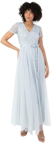 Maya Deluxe Damen Maya Deluxe Maxi Dress for Women Ladies Bridesmaid V-Neck Ball Gown Short Sleeves Long Elegant Empire Waist Wedding Brautjungfernkleid (1er Pack)