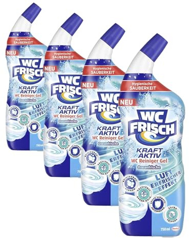 WC Frisch WC-Reiniger Gel Ozeanfrische (750 ml), WC-Reiniger mit Lufterfrischer-Effekt, Toilettenreiniger sorgt für hygienische Frische, mit 4-fach Aktivstoff-Kombination (Packung mit 4)