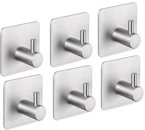6 Pack selbstklebende Haken aus Edelstahl Set -Selbstklebende Handtuchhaken, Türhaken, starke Klebehaken zum Aufhängen von Gegenständen, kein Bohren, geeignet für Badezimmer und Küche (Silber)