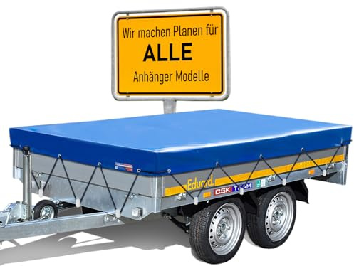 Hochwertige Eduard Anhängerplane - 250 x 145 cm Innenmaß - Anhänger Plane Blau Hochglanzlackiert - Flachplane PKW-Anhänger - wasserdichte PVC Abdeckplane mit Anhänger Zubehör