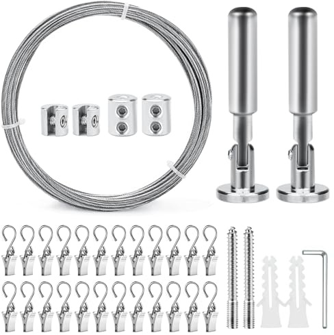 Erzekrim 5M Edelstahl Vorhang Seil Schwerlast Wandhalterung Set Gardinenseil Wäscheleine Mit 24 Stück Metall Clips Haken für Duschvorhänge (Silber, Mit Metallclip)