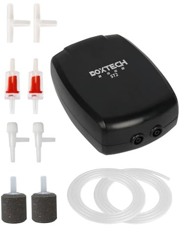 Boxtech Aquarium Luftpumpe(3,5 W),Doppelauslass Sauerstoffpumpe mit Rückschlagventil, Leistungsstarke luftsprudler Fisch Pumpe für Nanoaquarien