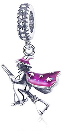 Colgantes Charm Bruja Mágica de Plata de Ley 925,Colgante con Bruja de Halloween de Esmalte Morado para Pulseras Pandora, esmalte, esmalte