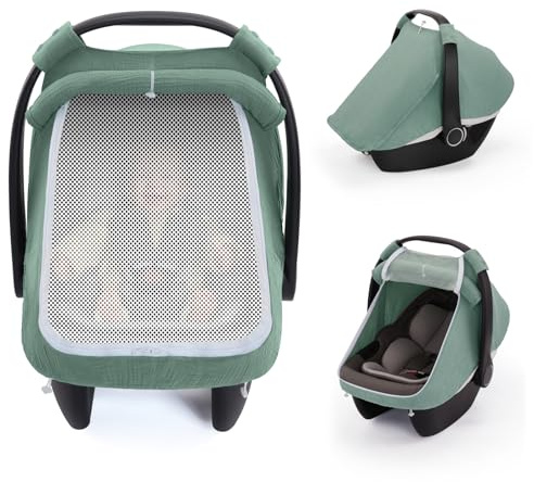 Blissful Diary Baby Car Seat Cover, Extra Large Mesh Window, Breathable Muslin Cotton, Infant Windproof Canopy, Must-Have Baby Gift - Roman Green