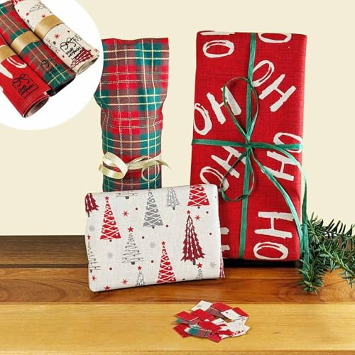 Stoffverpackt Geschenktücher, Geschenkverpackung aus Stoff wiederverwendbar, Geschenktücher Set für Weihnachten, (Set Classic)