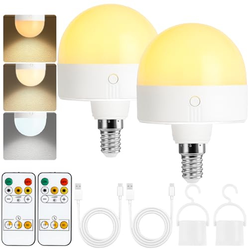 Psatfito Bombillas recargables con cronómetro y control remoto, bombillas de fotobatería ajustables, bombillas LED de carga E14, lámparas de cableado no duro con 3 temperaturas de color, 2 paquetes