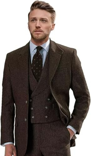 TSxuelian Costume 3 pièces en tweed pour homme - Coupe ajustée - Double boutonnage - Costume en tweed à chevrons - Costume en laine - Costume de bal de fin d'année, de mariage, marron foncé, M