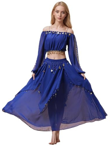 Baisdan Conjunto de disfraz de danza del vientre para mujer, ombliguera con falda de gasa para danza del vientre, trajes de carnaval, azul oscuro