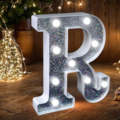 Letras luminosas LED para carpa - Letras luminosas con purpurina plateada, alimentadas por pilas, luz nocturna para fiesta de cumpleaños, boda, decoración del hogar, fiesta de prenatal